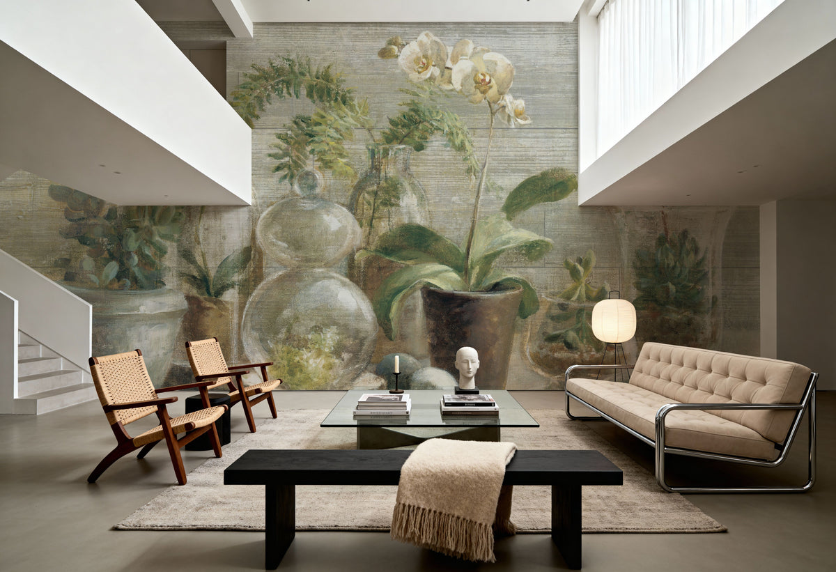 Greenhouse Orchids on Wood Mural Wallpaper - room preview 03