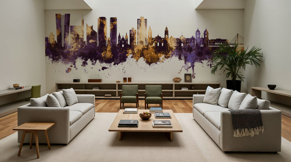 Lima Peru Skyline Purple & Gold Mural Wallpaper - room preview 03
