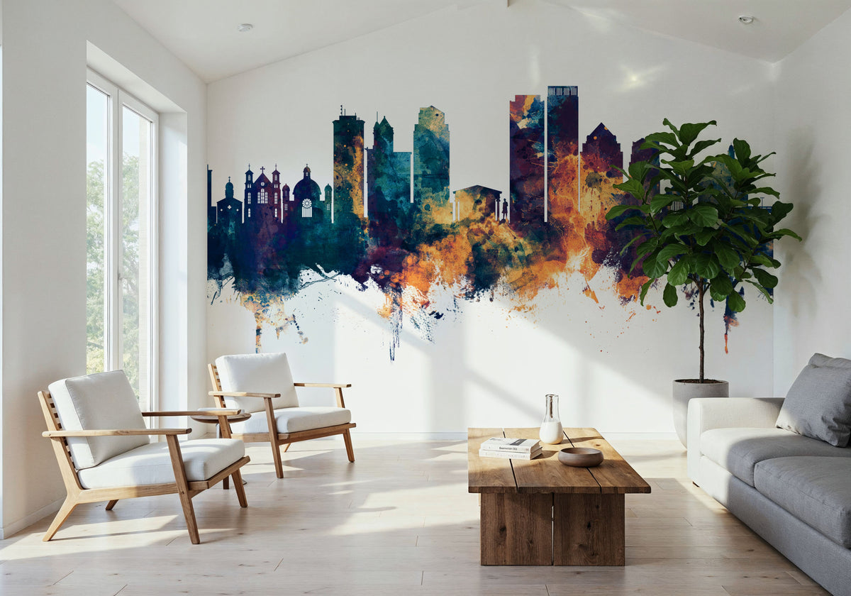Dayton Ohio Skyline Blue & Bronze Mural Wallpaper - room preview 03