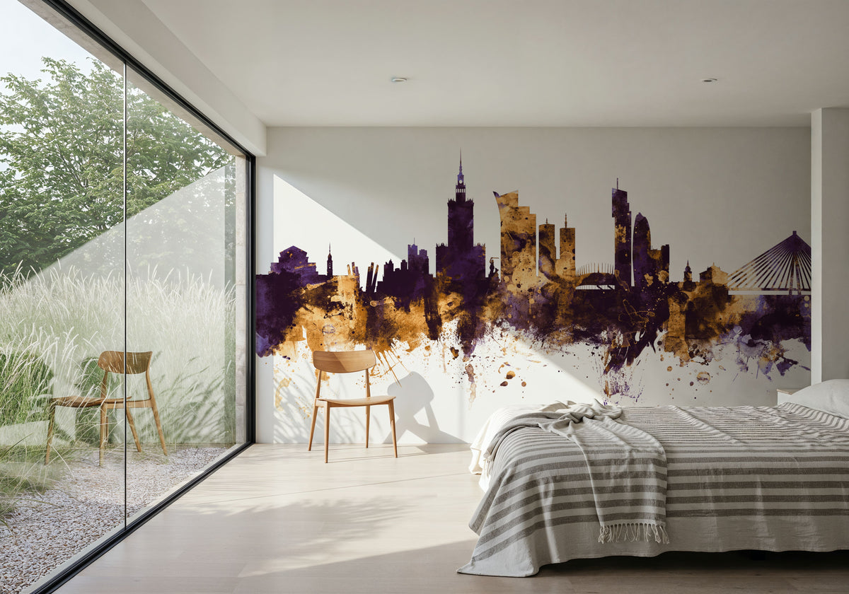 Warsaw Poland Skyline Purple & Gold Mural Wallpaper - room preview 03