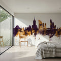 Warsaw Poland Skyline Purple & Gold Mural Wallpaper - room preview 03
