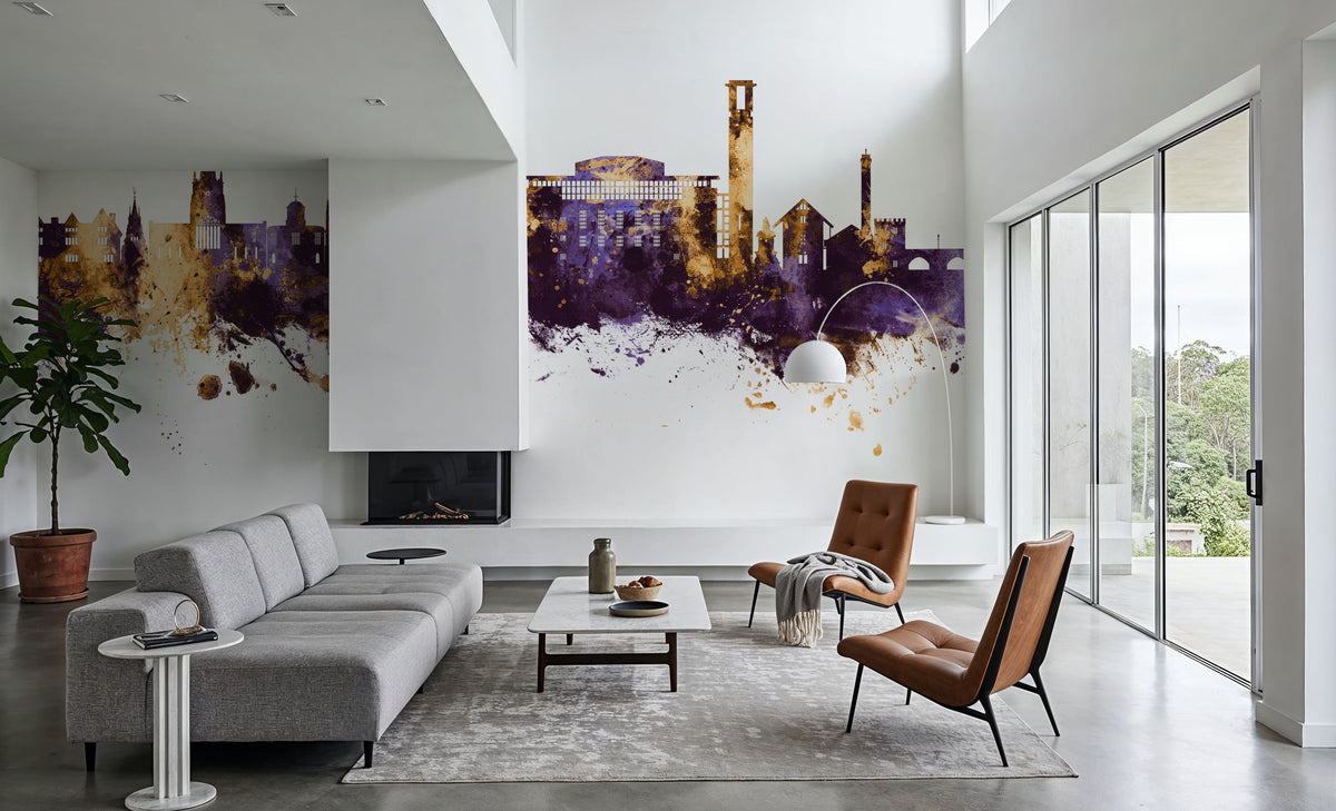 Stratford-upon-Avon England Skyline Purple & Gold Mural Wallpaper - room preview 03
