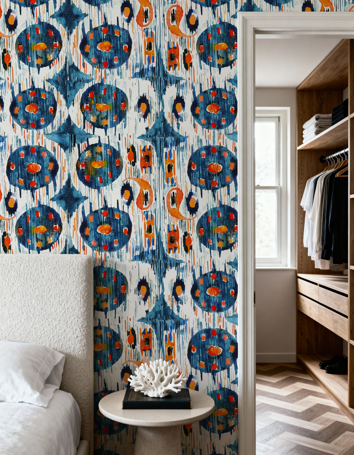 Blue Circle Ikat Mural Wallpaper - room preview 03