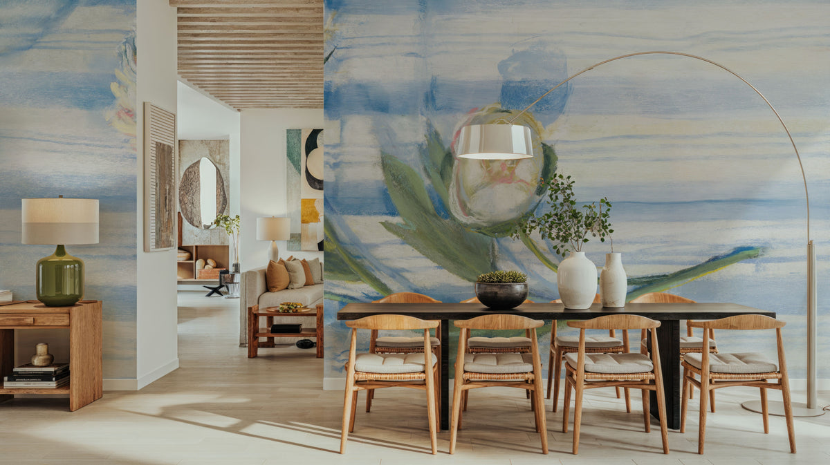 Peony on Blue Stripe Mural Wallpaper - room preview 03
