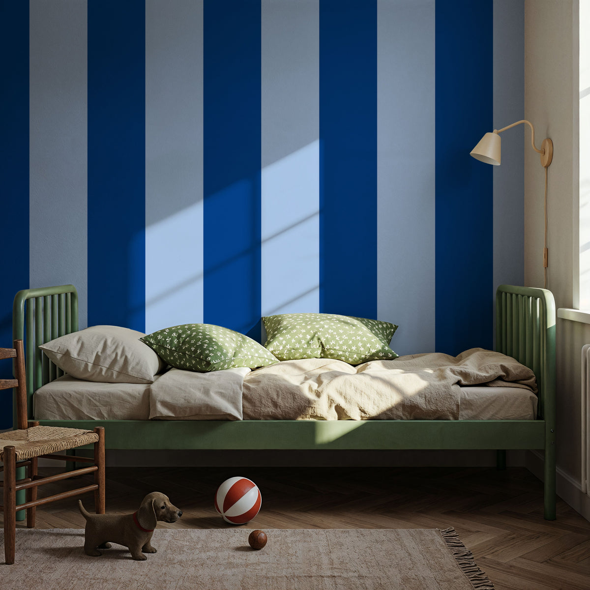 Scalloped Circus Stripes, Blue on Blue Mural Wallpaper - room preview 03