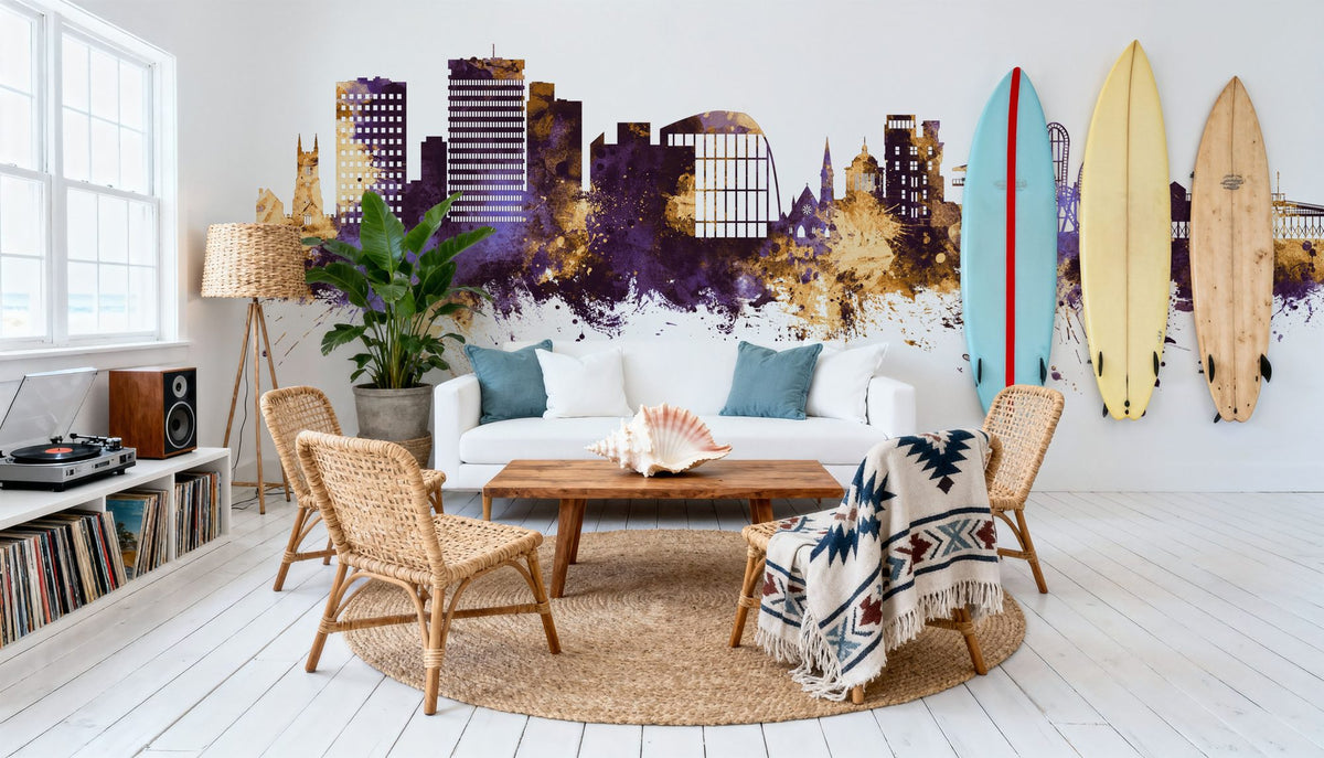 Southend-on-Sea England Skyline Purple & Gold Mural Wallpaper - room preview 03