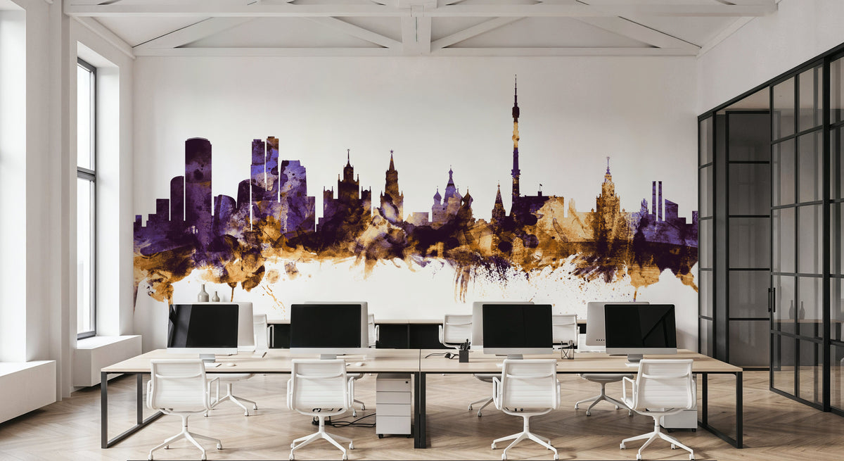 Moscow Russia Skyline Purple & Gold Mural Wallpaper - room preview 03