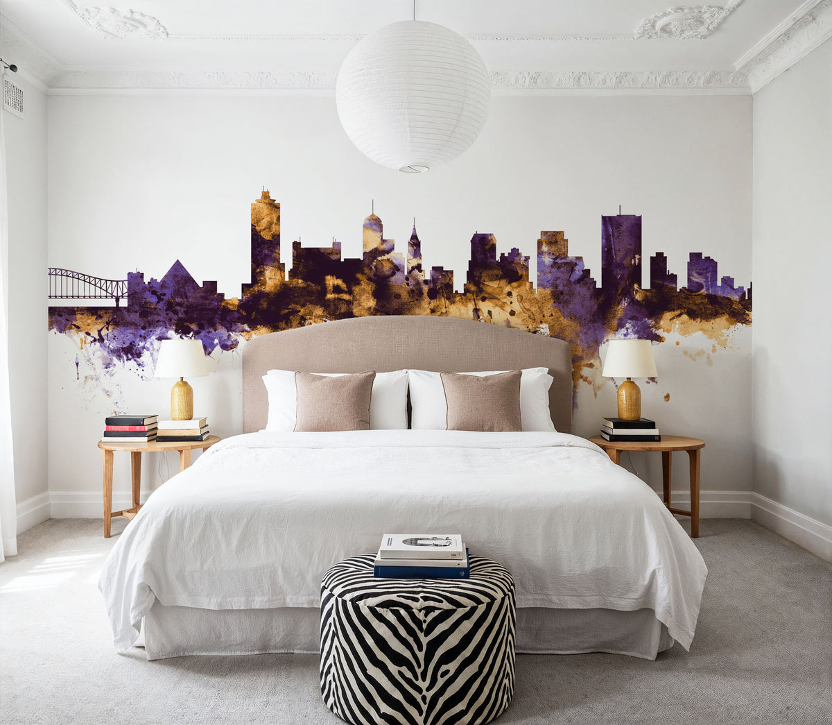 Memphis Tennessee Skyline Purple & Gold Mural Wallpaper - room preview 03