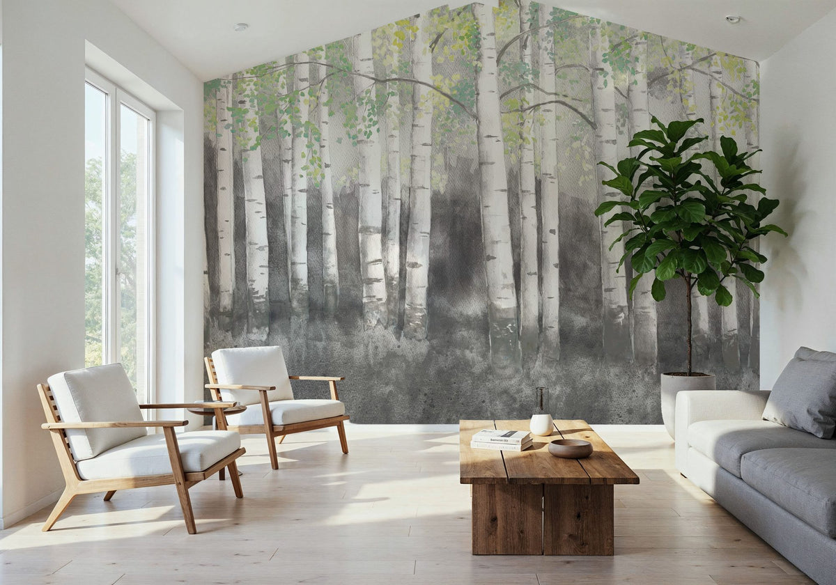 Soft Birches Charcoal Mural Wallpaper - room preview 03