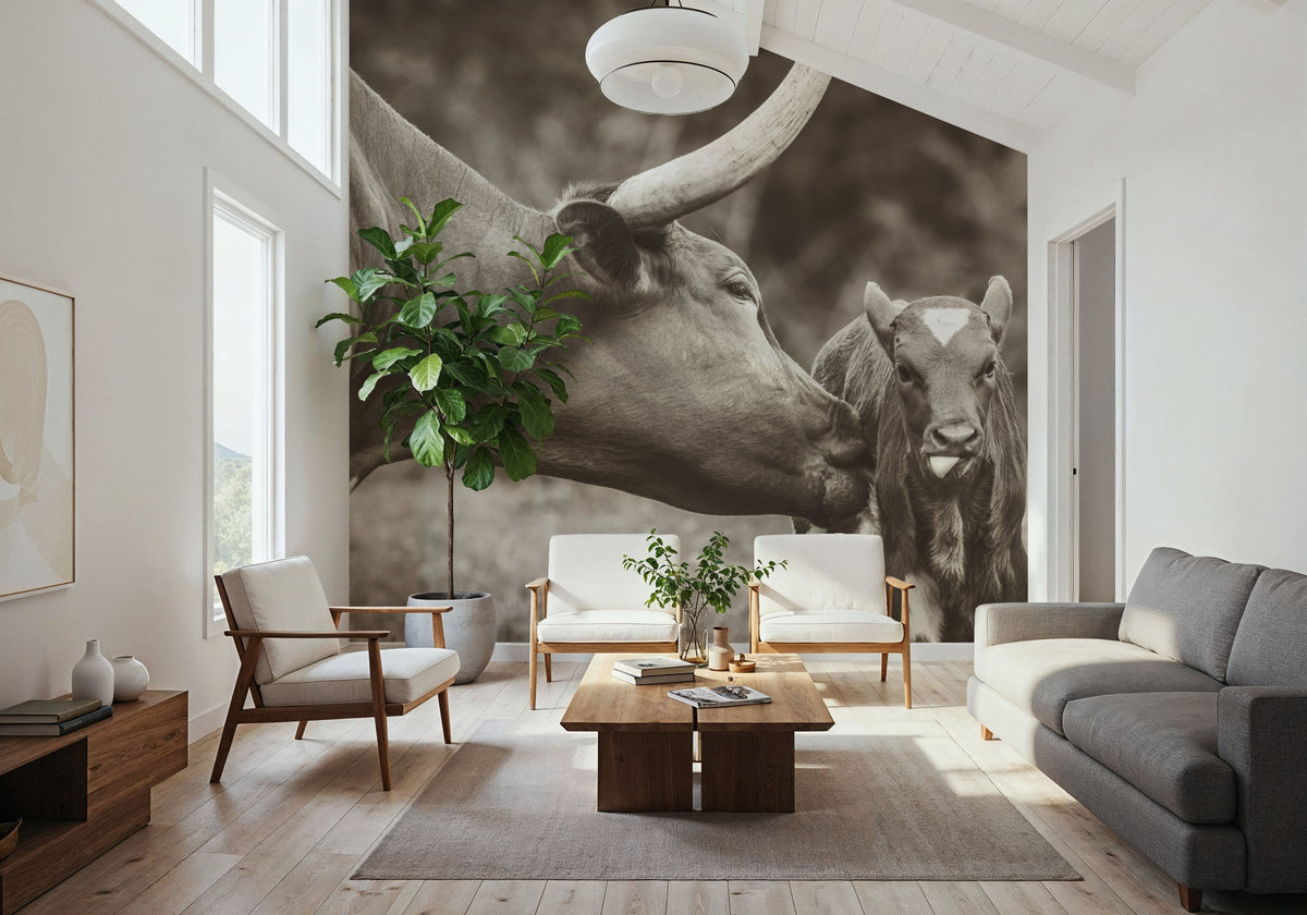Longhorn Pasture Pair Sepia Mural Wallpaper - room preview 03