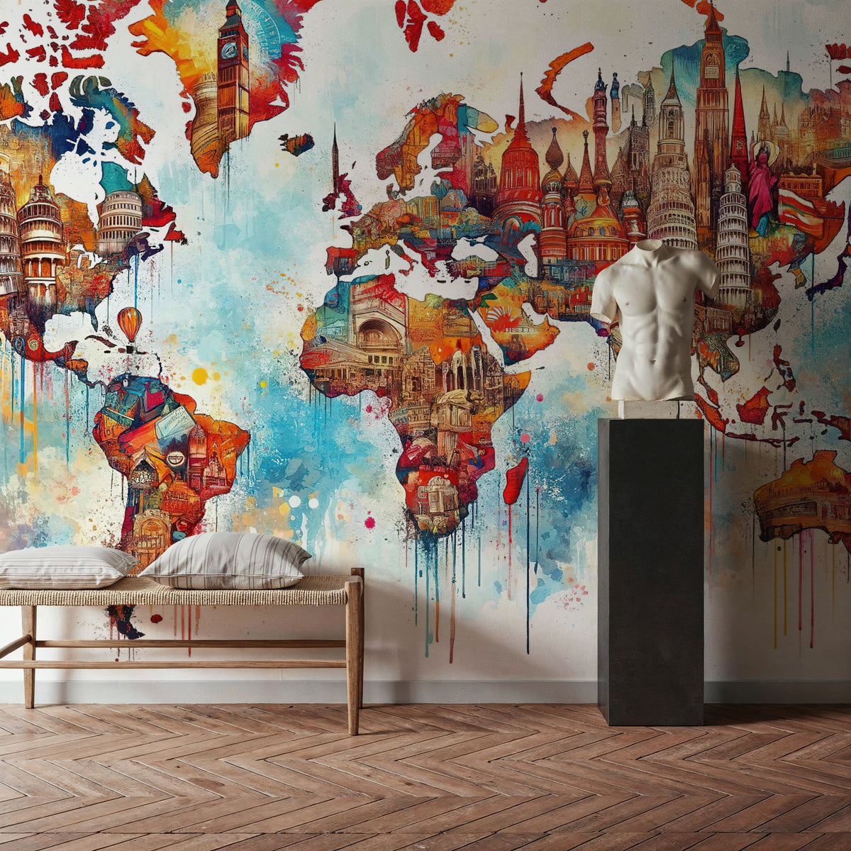 Watercolor World Map Landmarks Mural Wallpaper - room preview 03