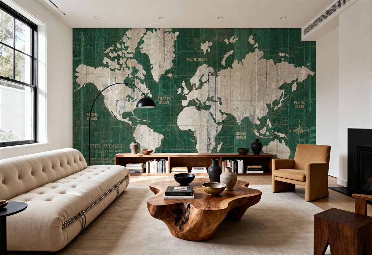 Old World Map Green Mural Wallpaper - room preview 03