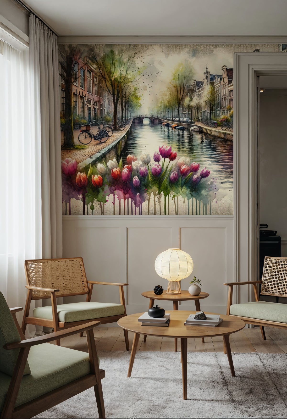 Watercolor Canal Scene Dutch Houses Mural Wallpaper - room preview 03