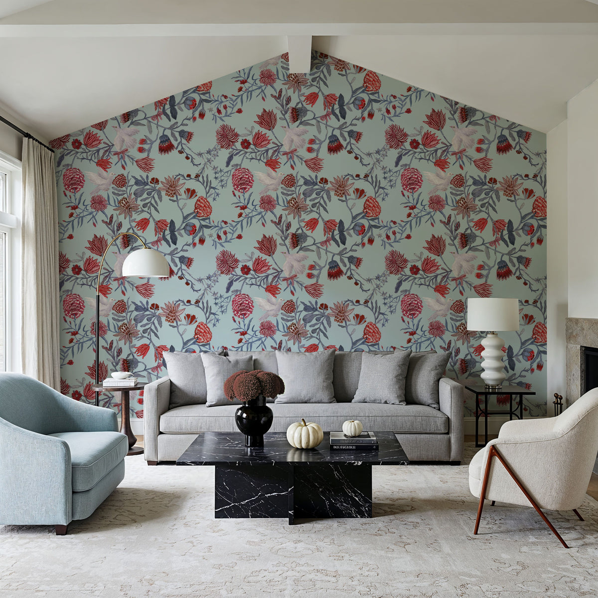 Miracle Blossoms and Birds, Red Mural Wallpaper - room preview 03