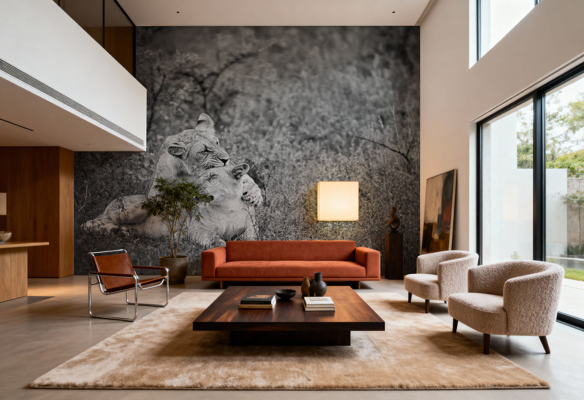 Playful Lions BW Mural Wallpaper - room preview 03