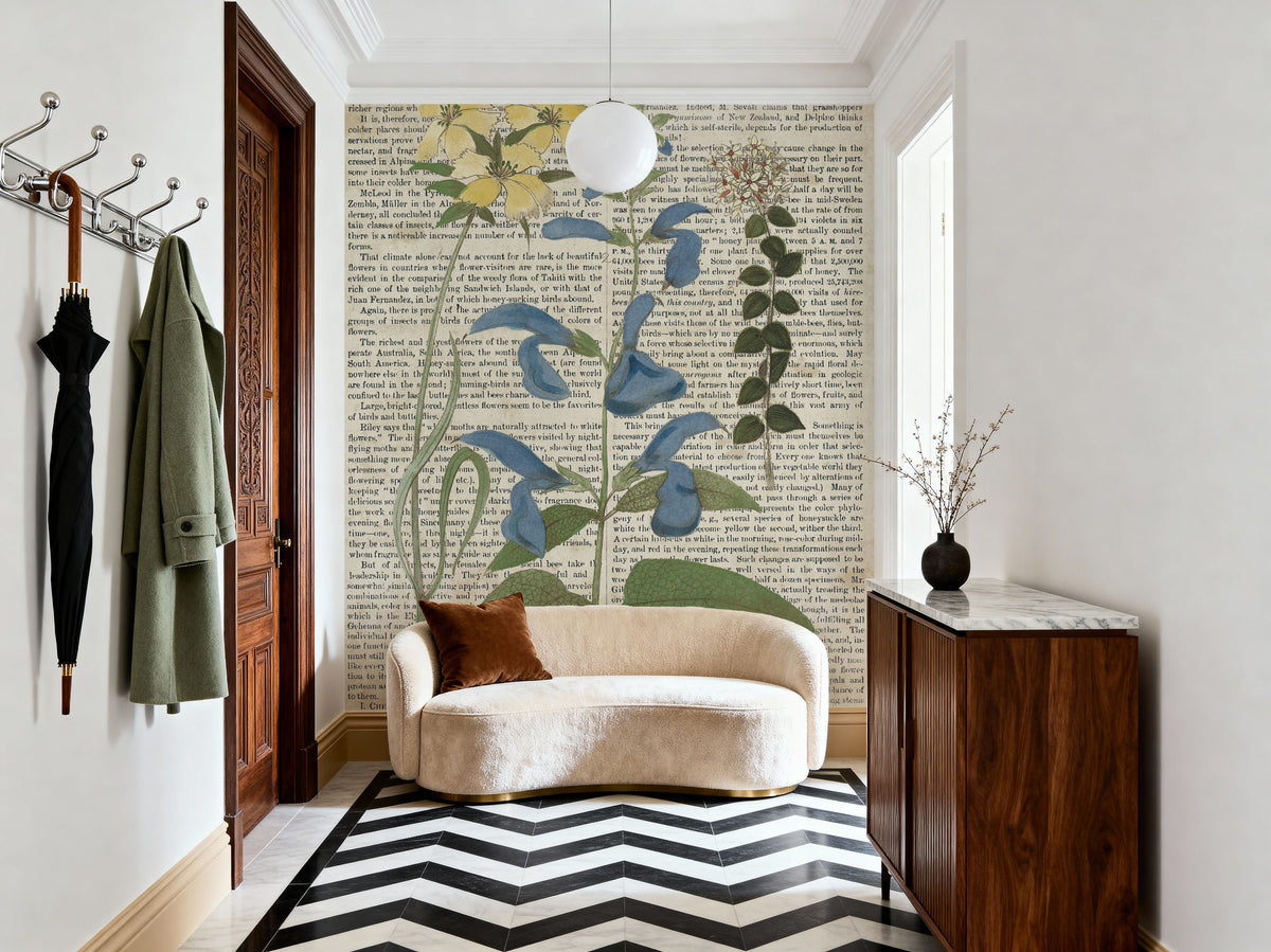 Salvia Florals on Newsprint II Mural Wallpaper - room preview 03