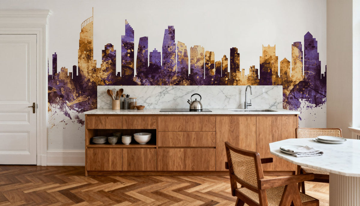 Gold Coast Australia Skyline Purple & Gold Mural Wallpaper - room preview 03