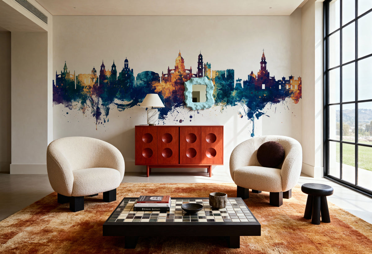 Jerez Spain Skyline Blue & Bronze Mural Wallpaper - room preview 03