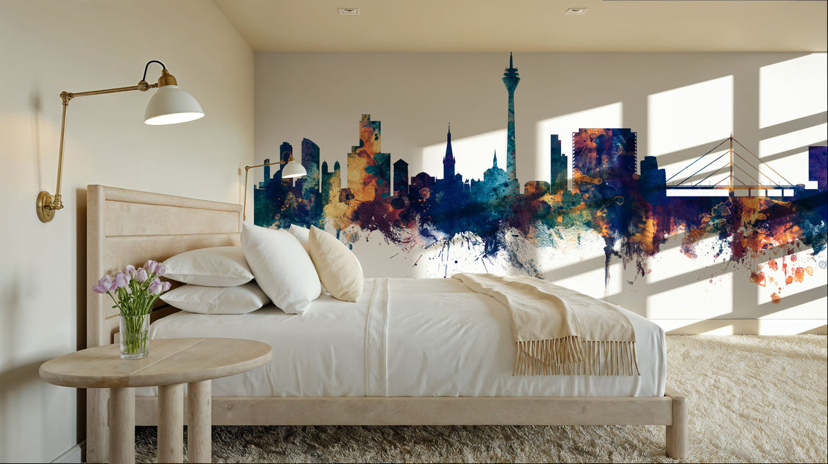 Düsseldorf Germany Skyline Blue & Bronze Mural Wallpaper - room preview 03
