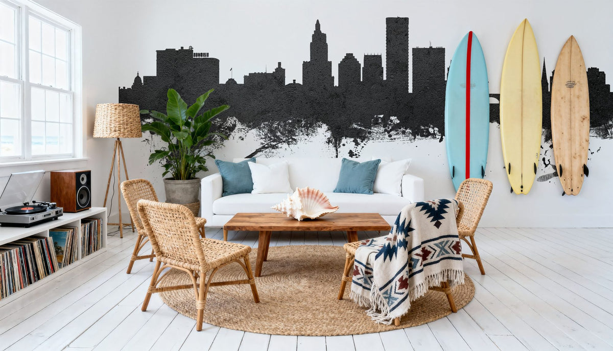 Providence Rhode Island Skyline Black & White Mural Wallpaper - room preview 03