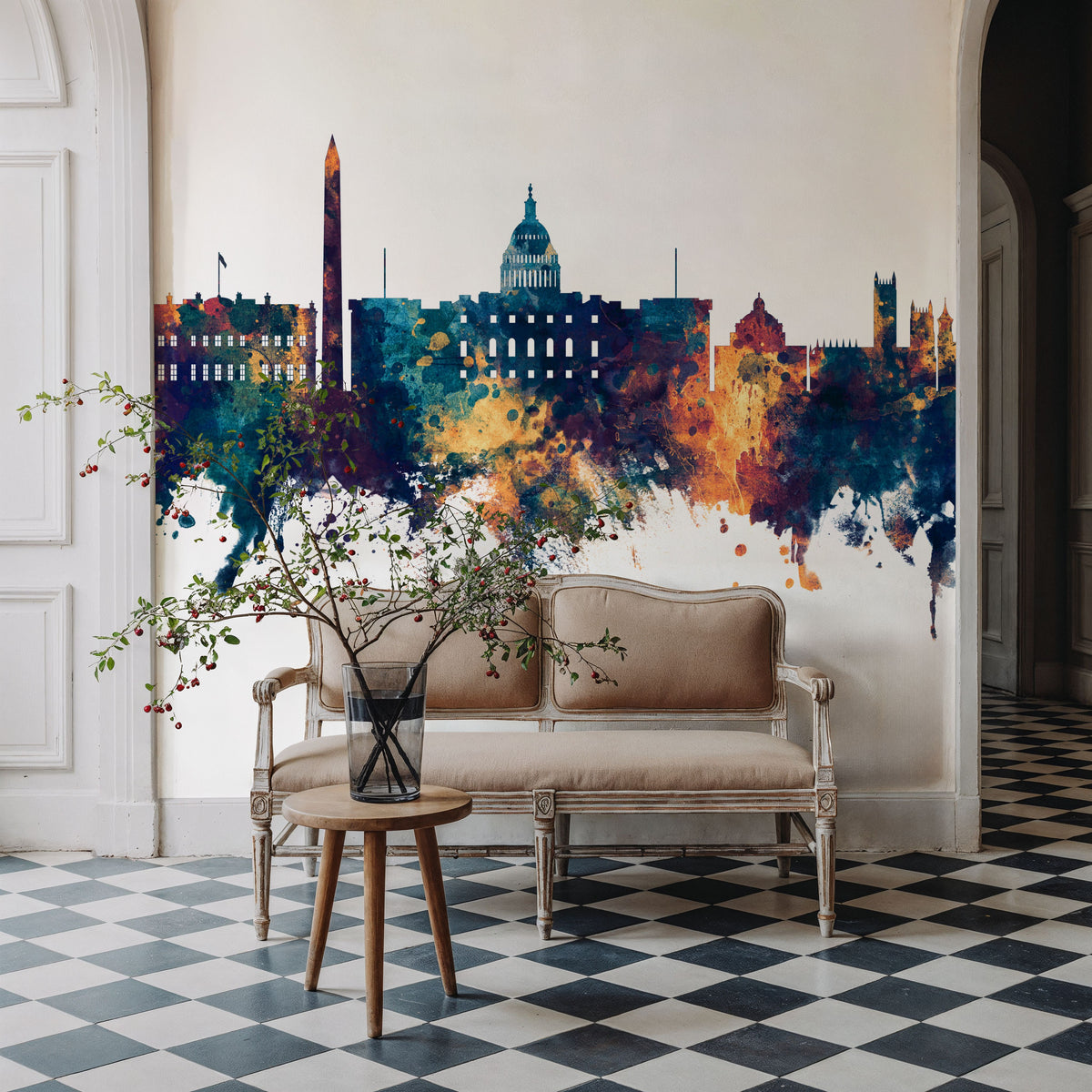 Washington DC Skyline Blue & Bronze Mural Wallpaper - room preview 03