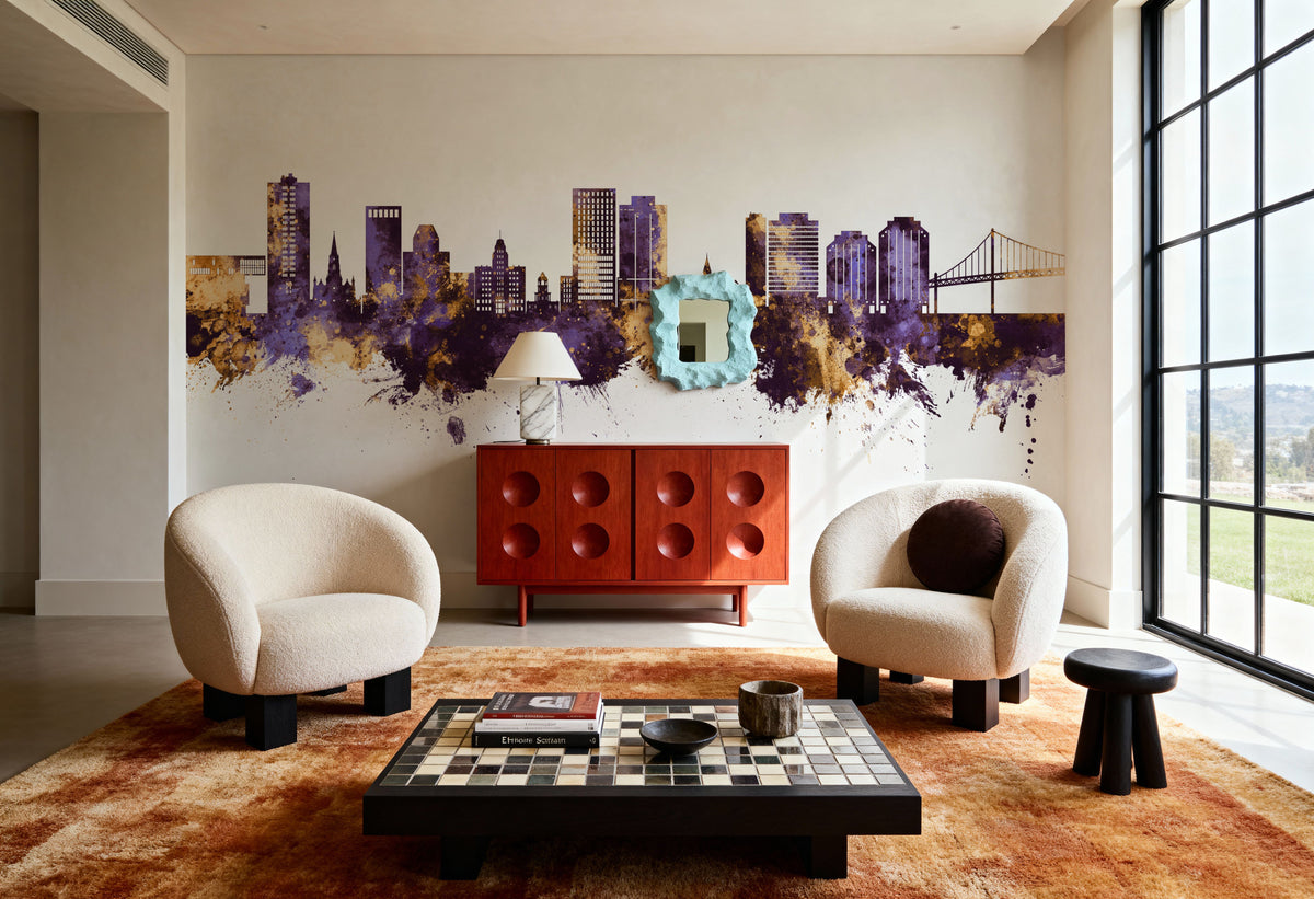 Halifax Canada Skyline Purple & Gold Mural Wallpaper - room preview 03