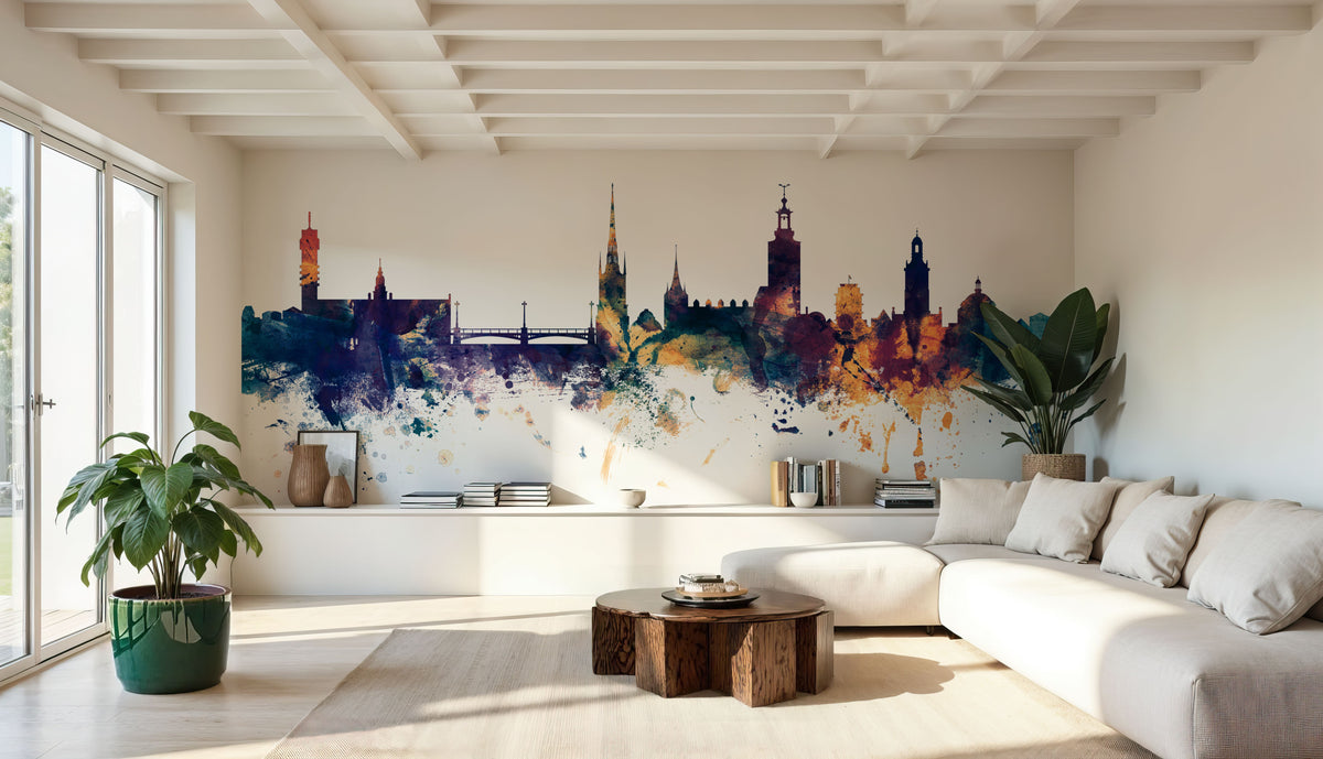 Stockholm Skyline Blue & Bronze Mural Wallpaper - room preview 03