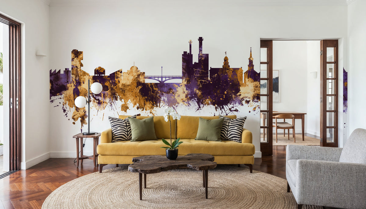 Iowa City Skyline Purple & Gold Mural Wallpaper - room preview 03