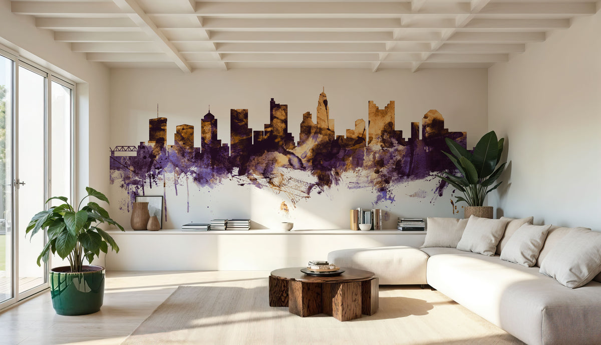 Columbus Ohio Skyline Purple & Gold Mural Wallpaper - room preview 03