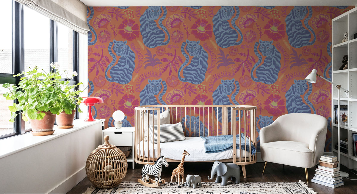 Painterly Tigers Orange Mural Wallpaper - room preview 03