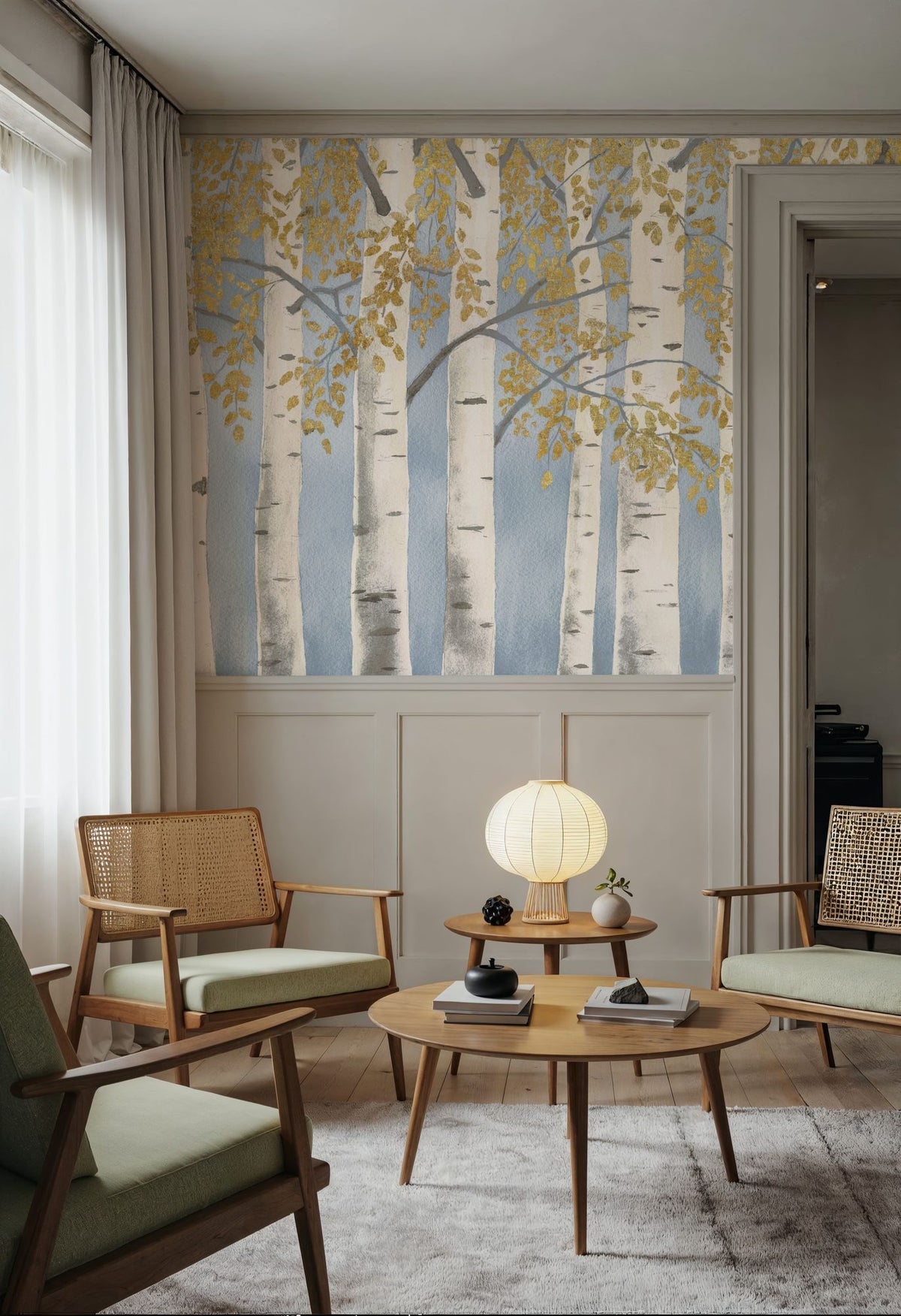 Fresh Forest Light Blue Gold Mural Wallpaper - room preview 03