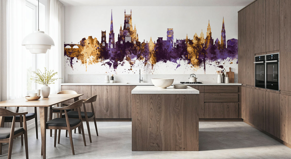 Worcester England Skyline Purple & Gold Mural Wallpaper - room preview 03