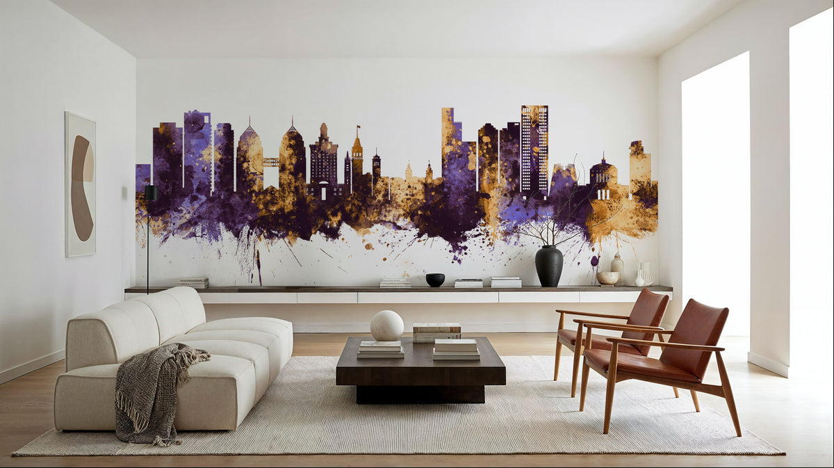 Oakland California Skyline Purple & Gold Mural Wallpaper - room preview 03