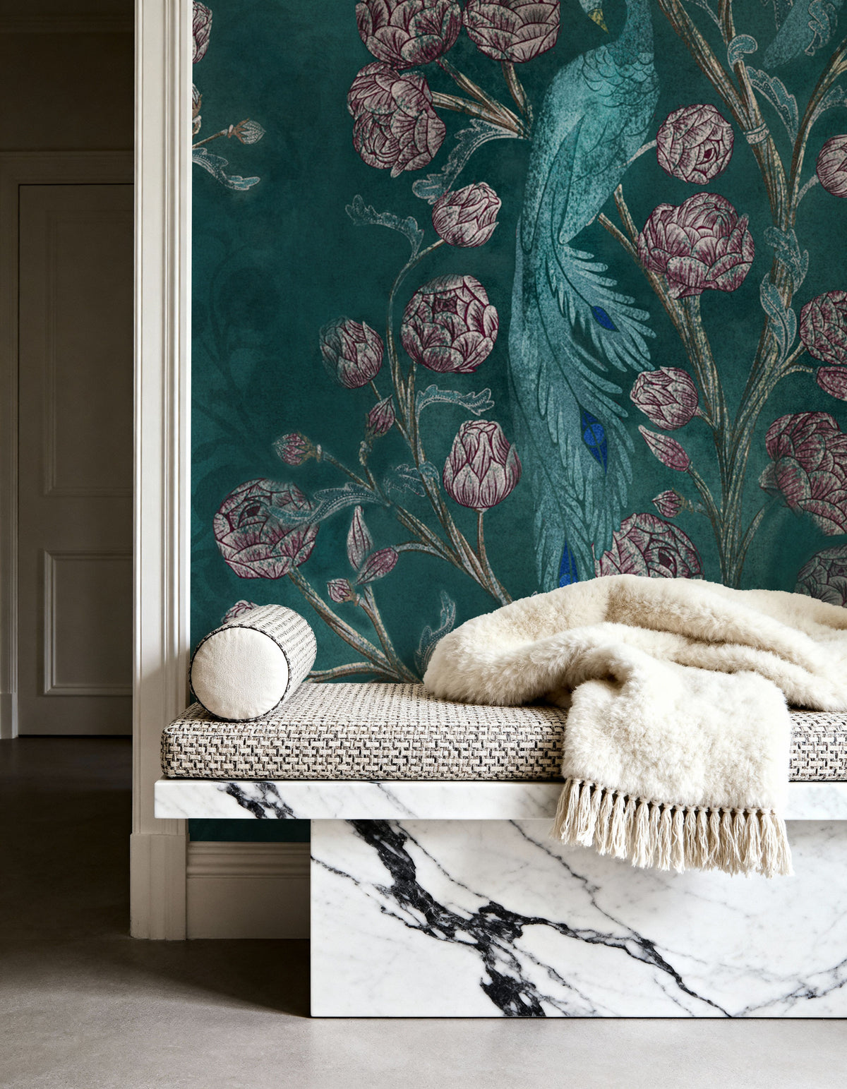 Peacock and Peony Chinoiserie Teal Mural Wallpaper - room preview 03