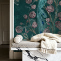 Peacock and Peony Chinoiserie Teal Mural Wallpaper - room preview 03