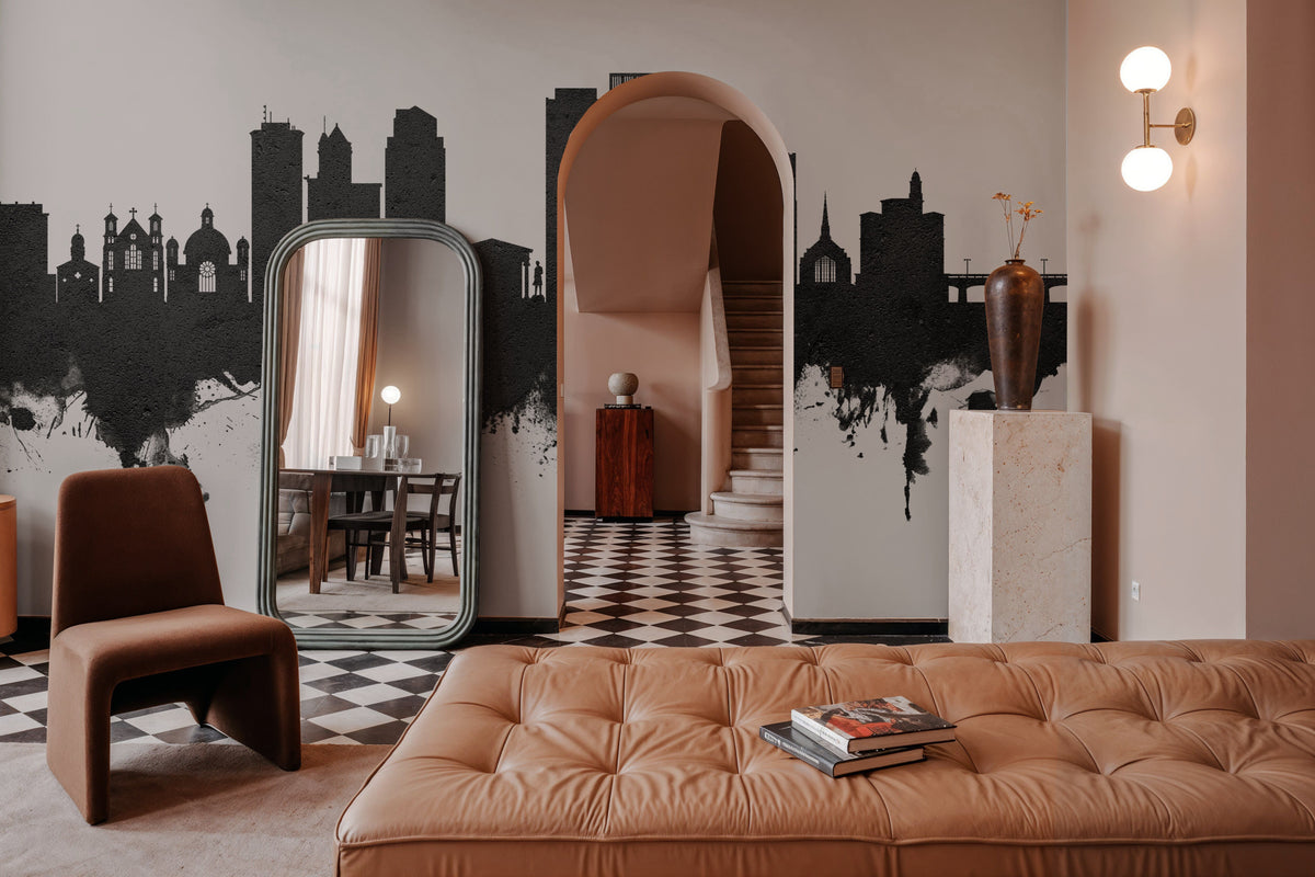 Dayton Ohio Skyline Black & White Mural Wallpaper - room preview 03