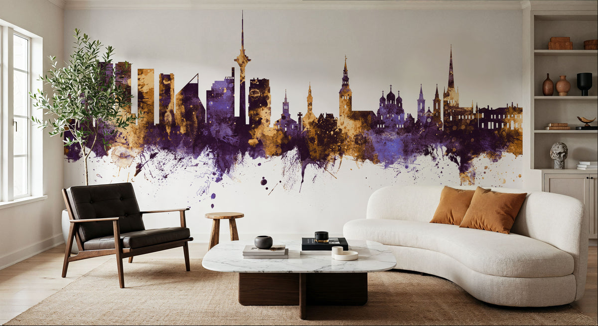 Tallinn Estonia Skyline Purple & Gold Mural Wallpaper - room preview 03