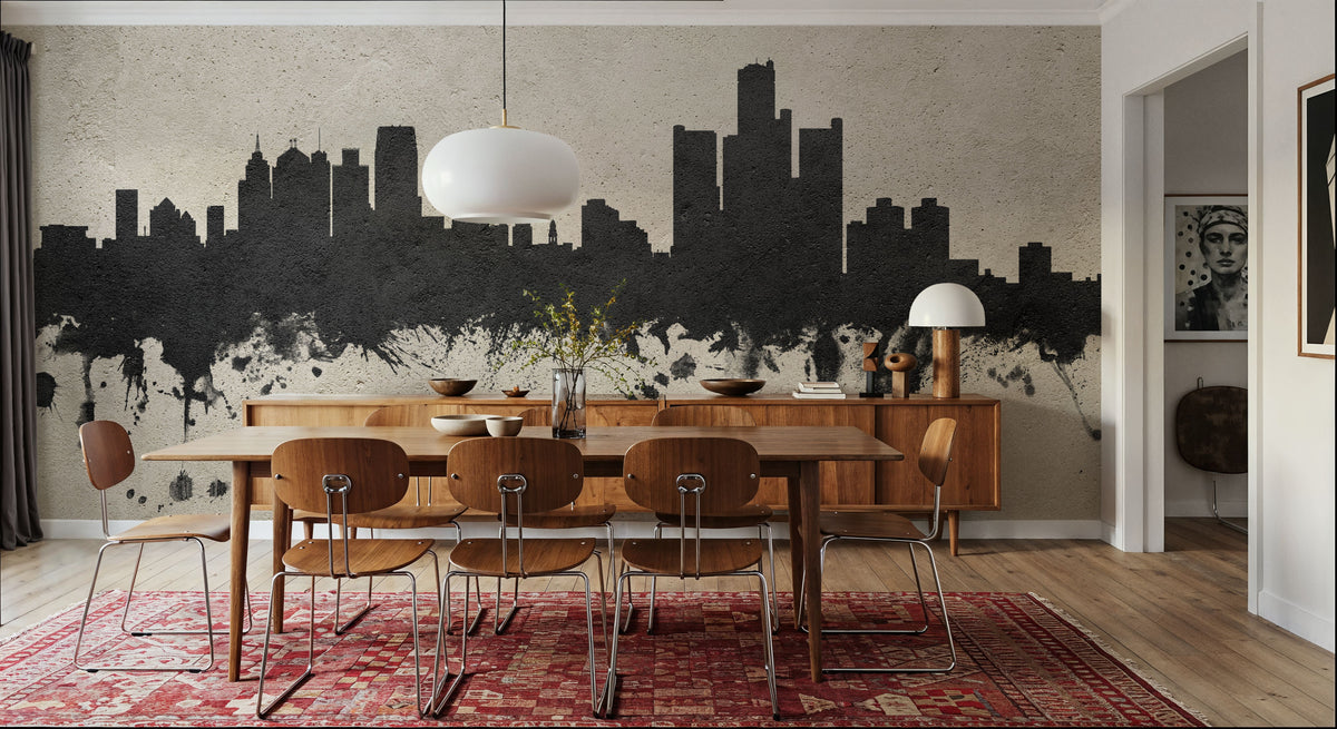 Detroit Michigan Skyline Concrete Mural Wallpaper - room preview 03