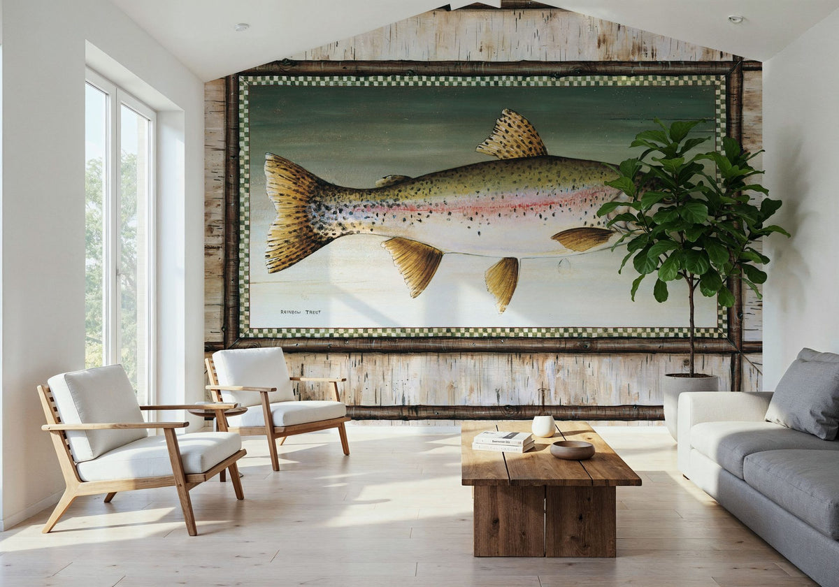 Rainbow Trout Birch Border Mural Wallpaper - room preview 03