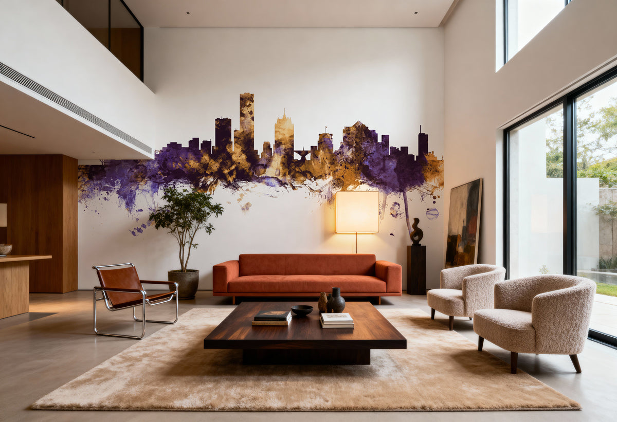 Milwaukee Wisconsin Skyline Purple & Gold Mural Wallpaper - room preview 03