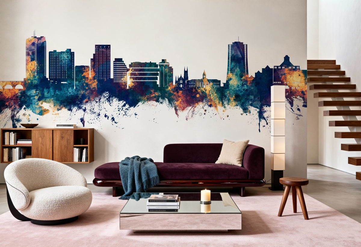 Stamford Connecticut Skyline Blue & Bronze Mural Wallpaper - room preview 03
