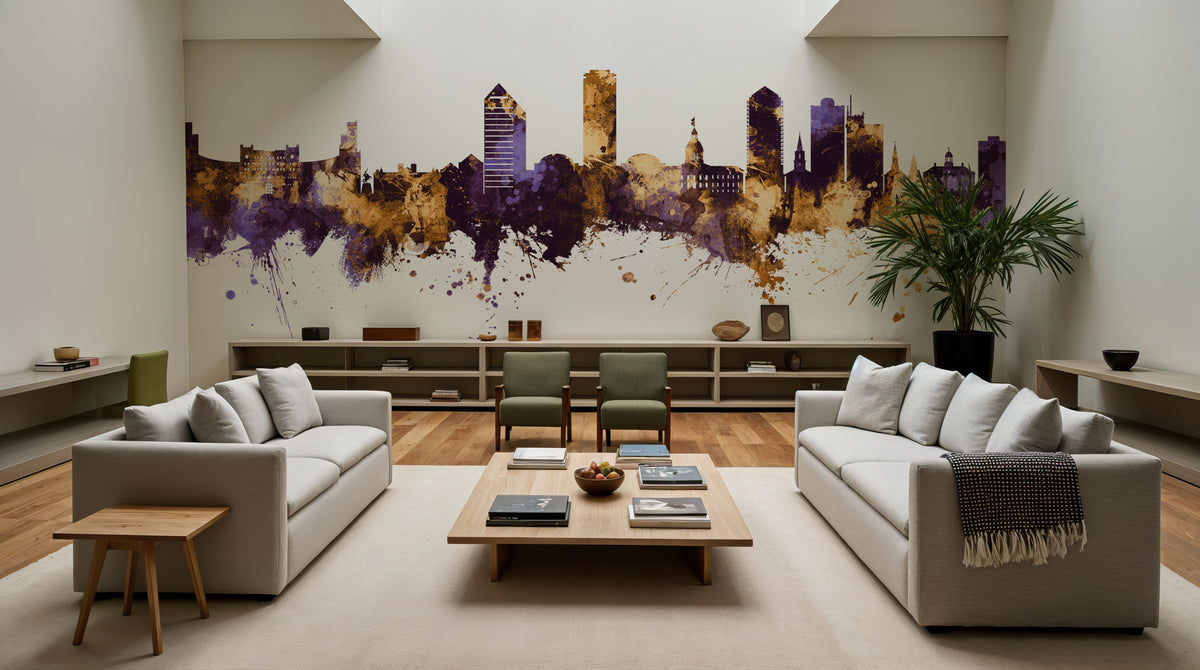 Tallahassee Florida Skyline Purple & Gold Mural Wallpaper - room preview 03