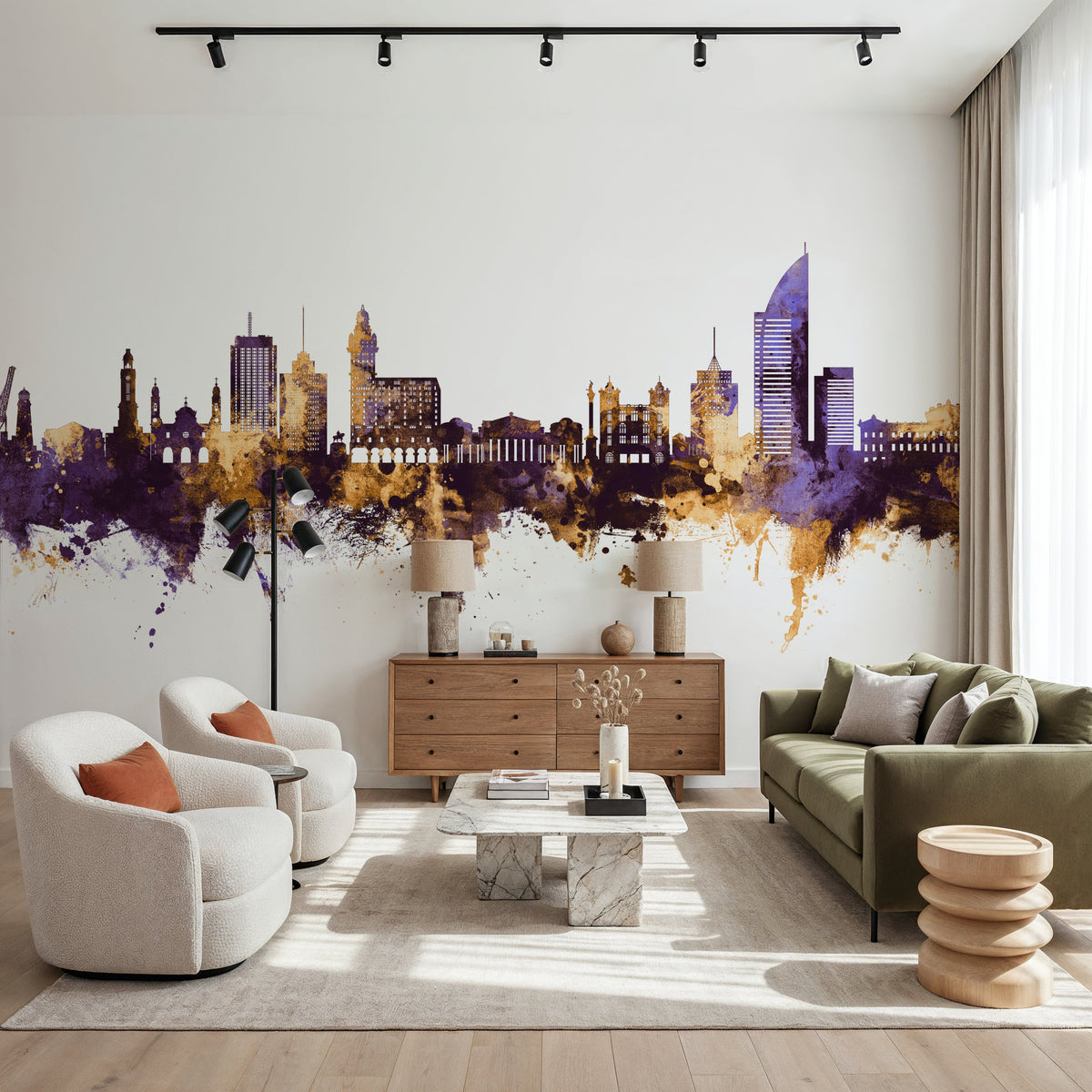 Montevideo Uruguay Skyline Purple & Gold Mural Wallpaper - room preview 03