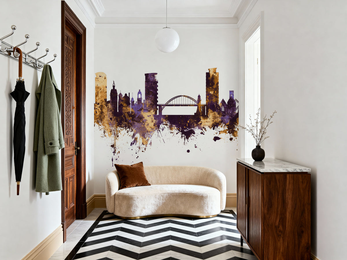 Sunderland England Skyline Purple & Gold Mural Wallpaper - room preview 03