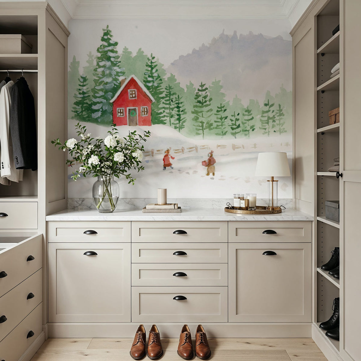 Winter Village Folk Mural Wallpaper - room preview 03
