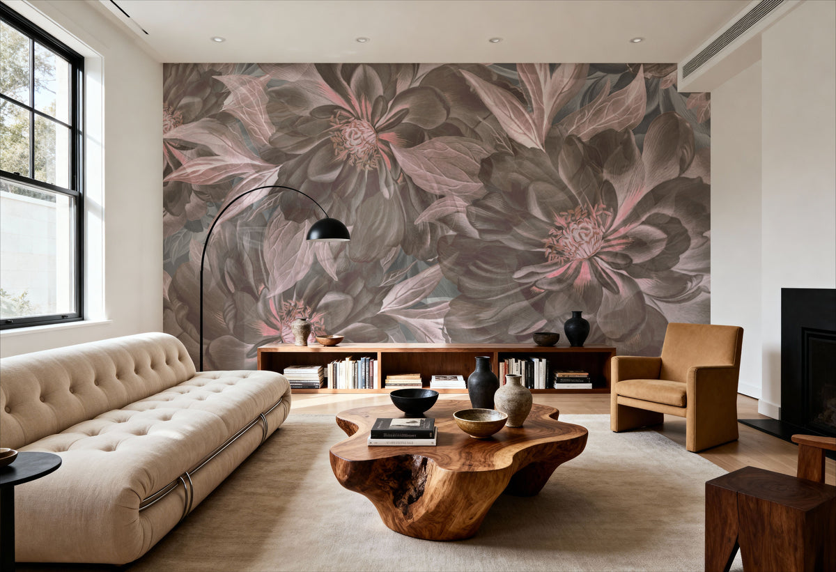 Peony Study - Ash and Pink Mural Wallpaper - room preview 03