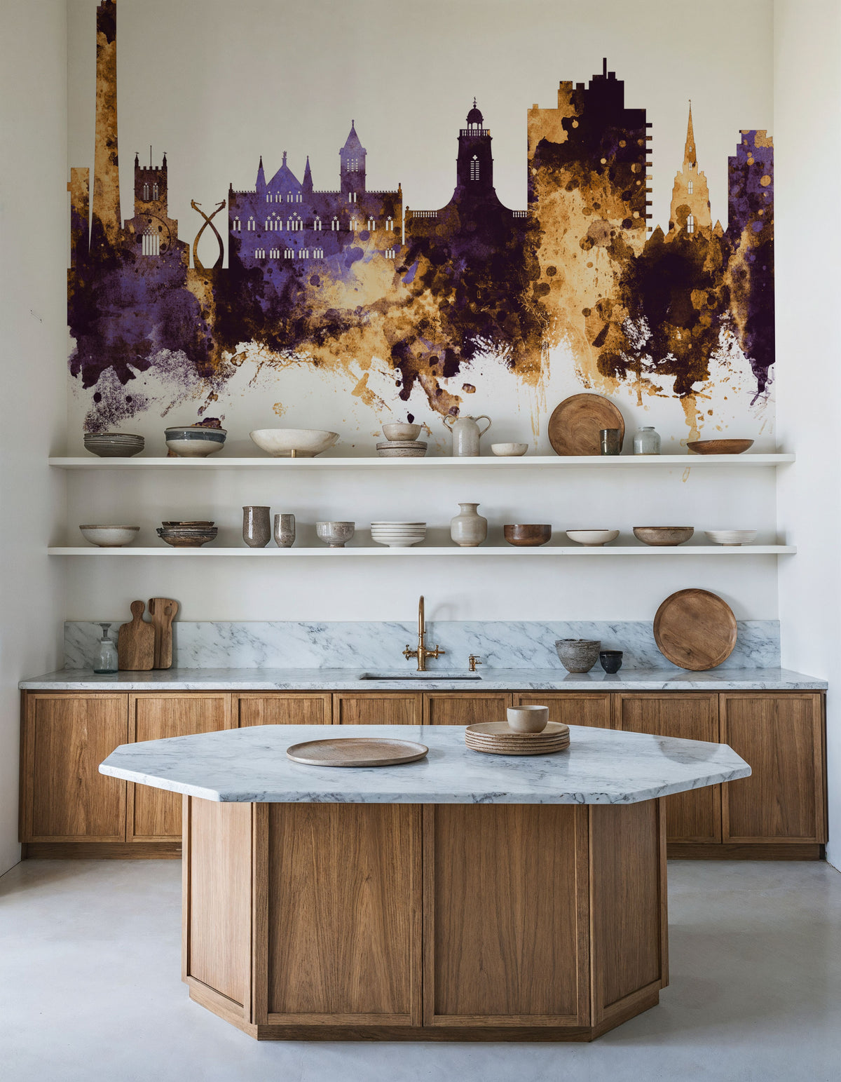 Northampton England Skyline Purple & Gold Mural Wallpaper - room preview 03
