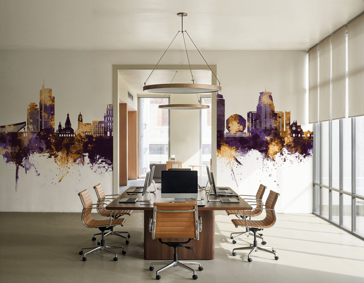 Minsk Belarus Skyline Purple & Gold Mural Wallpaper - room preview 03