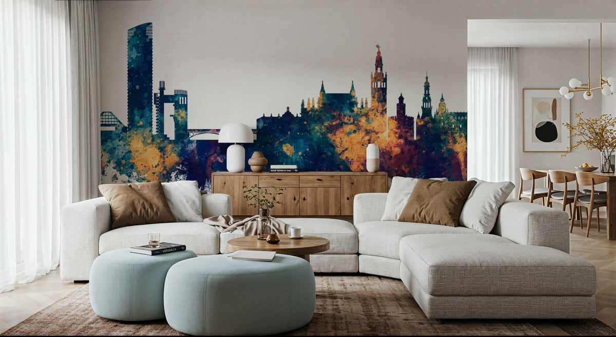 Sevilla Skyline Blue & Bronze Mural Wallpaper - room preview 03