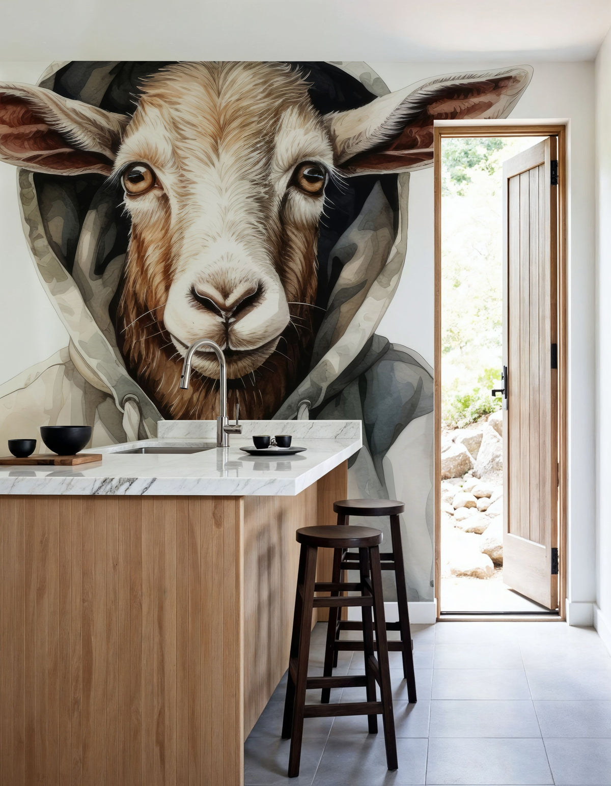 Watercolor Cartoon Goat in a Hoodie Mural Wallpaper - room preview 03